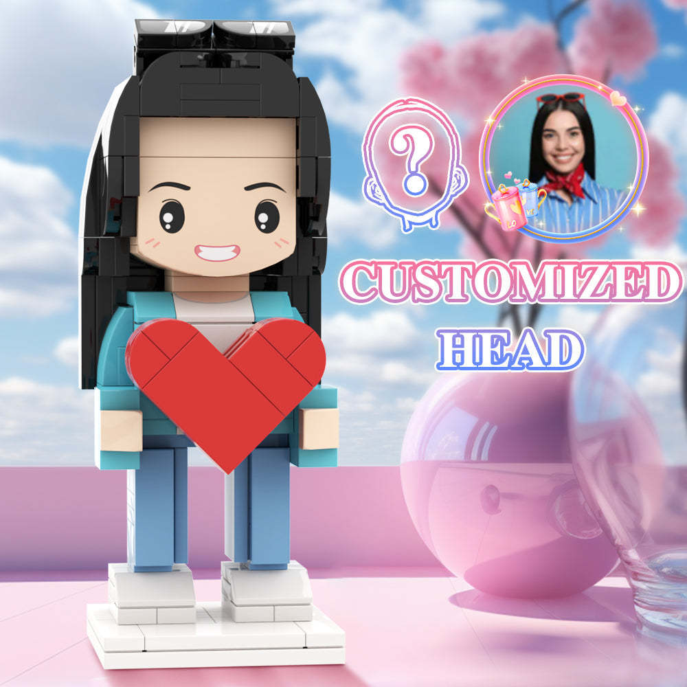 Girl Holding Heart Valentine's Day Gift Custom Head Brick Figures Personalized Brick Figures Small Particle Block Girl - minebrickuk