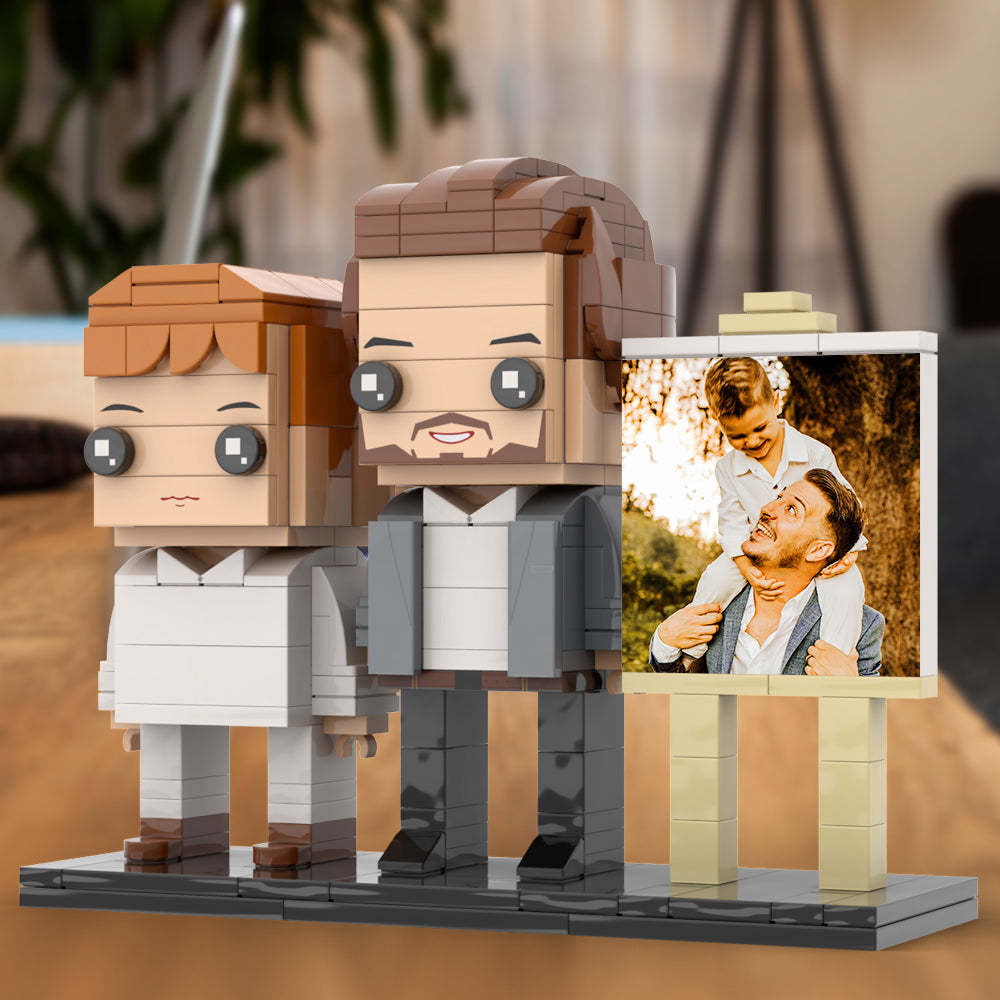 Full Body Customizable 2 People Little Son Sit On Daddy's Shoulder Photo Frame Personalized Custom Brick Figures Small Particle Block Toy Personalized For Father's Day - minebrickuk