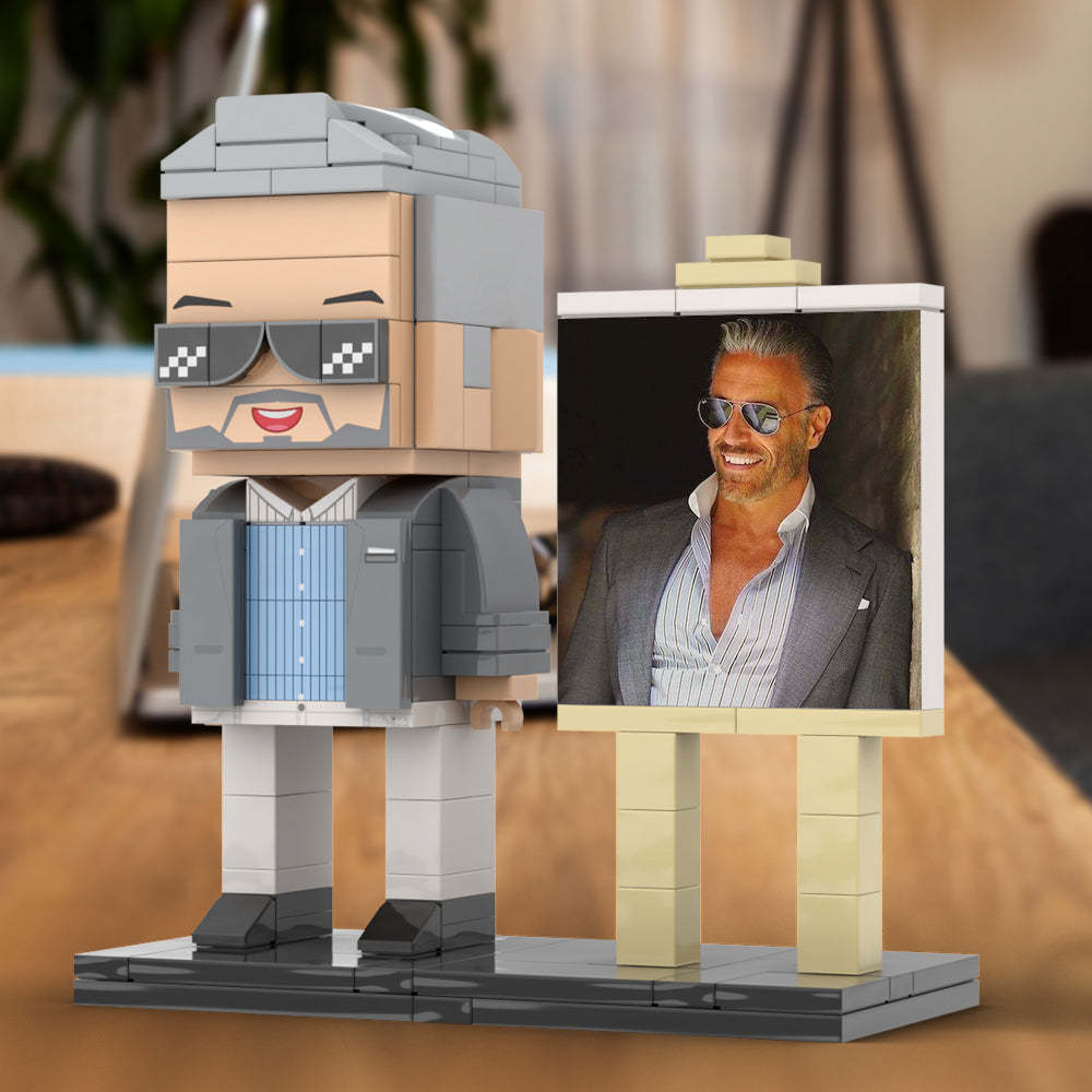 Full Body Customizable 1 Person Cool Daddy In Grey Suit With Sunglasses Custom Brick with Frame Figures Small Particle Block Toy Brick Me Figures For Father's Day - minebrickuk