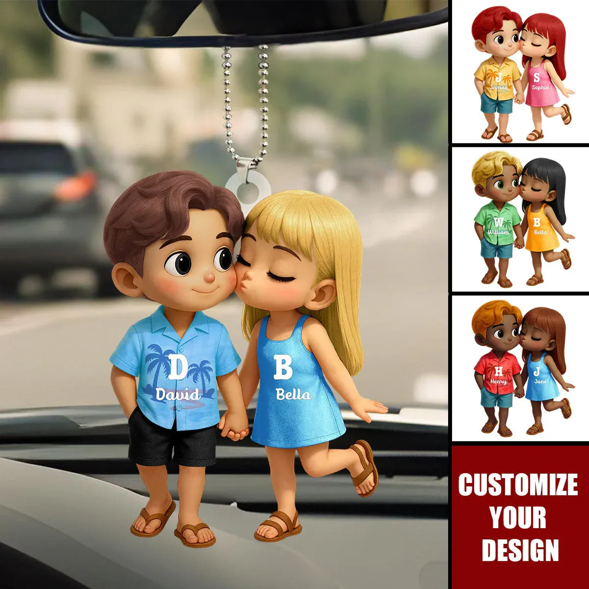 Personalized Acrylic Car Hanger - Cute Couple Kissing Moment - Custom Name Gift for Boyfriend & Girlfriend - 