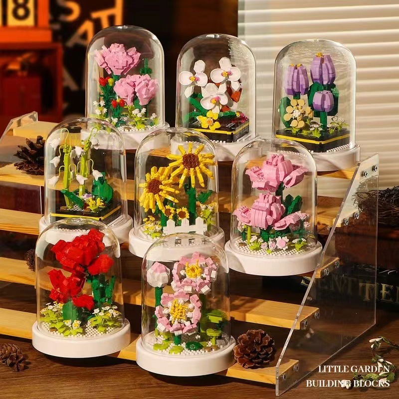 Flower Bouquets Building Sets,Mini Bricks Building Kit DIY Building Blocks with Dust Cover Gift for Mom - 