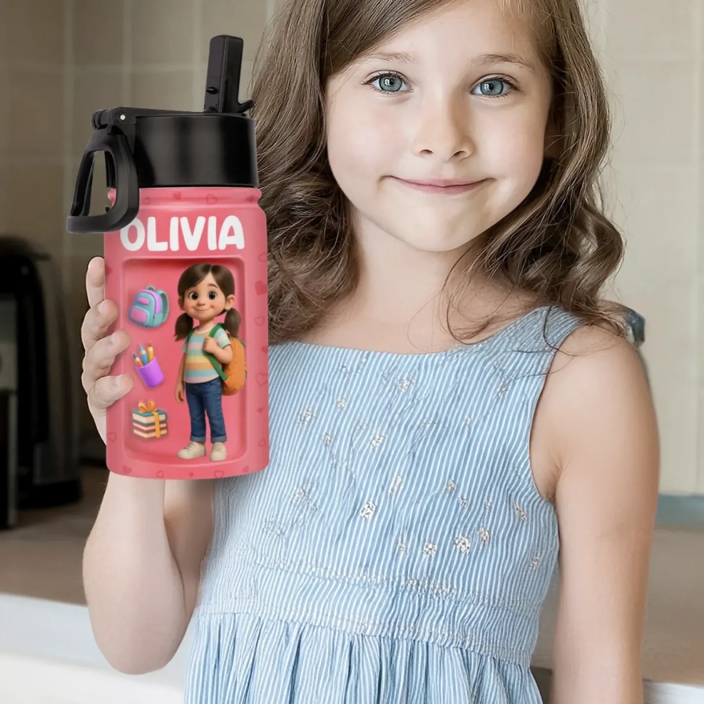 Custom Photo 3D Inflated Effect Printed Kids Water Bottle - Personalized Back To School Gifts For Kids - 