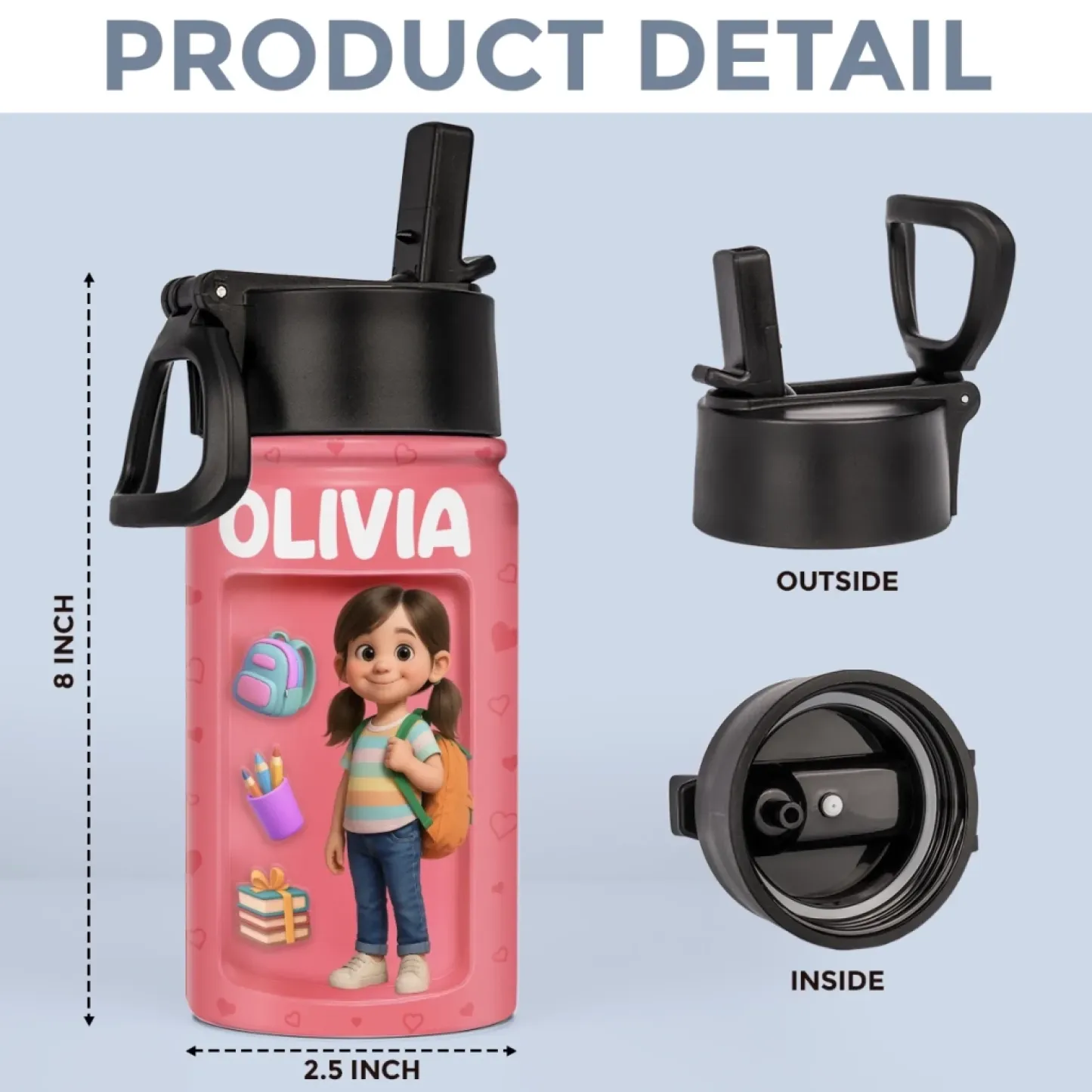 Custom Photo 3D Inflated Effect Printed Kids Water Bottle - Personalized Back To School Gifts For Kids - 