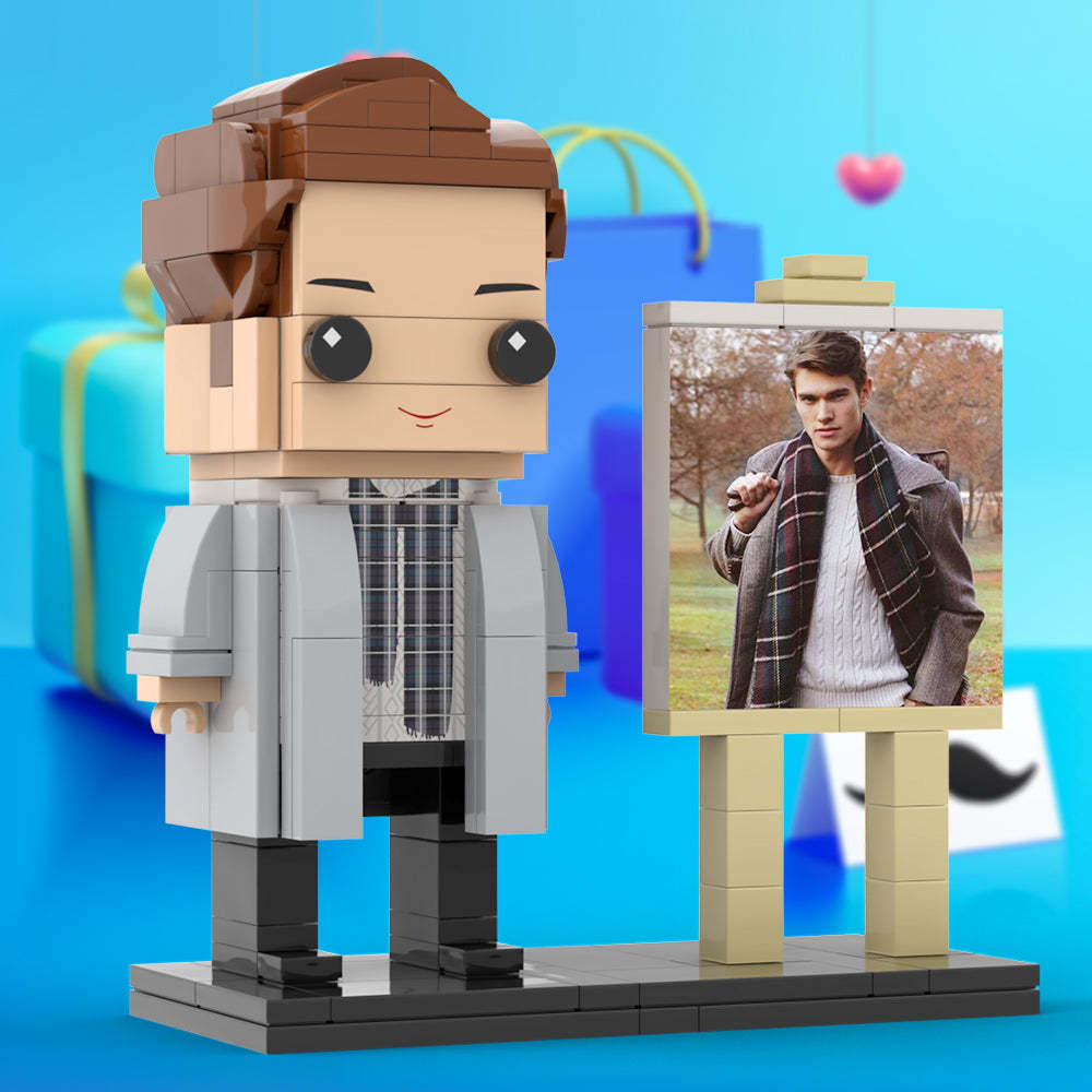 Full Body Customizable 1 Person Stylish Young Daddy With Scarf Custom Brick with Frame Figures Small Particle Block Toy Brick Me Figures For Father's Day - minebrickuk