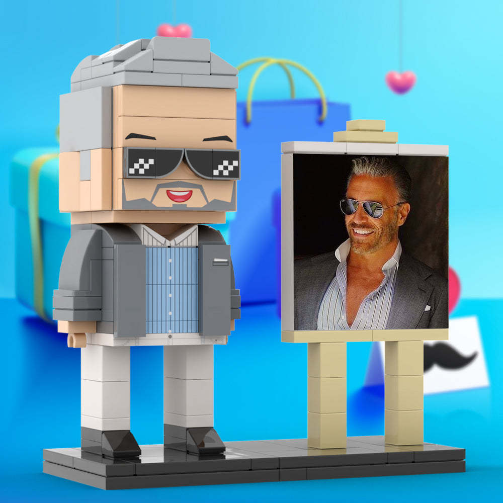 Full Body Customizable 1 Person Cool Daddy In Grey Suit With Sunglasses Custom Brick with Frame Figures Small Particle Block Toy Brick Me Figures For Father's Day - minebrickuk