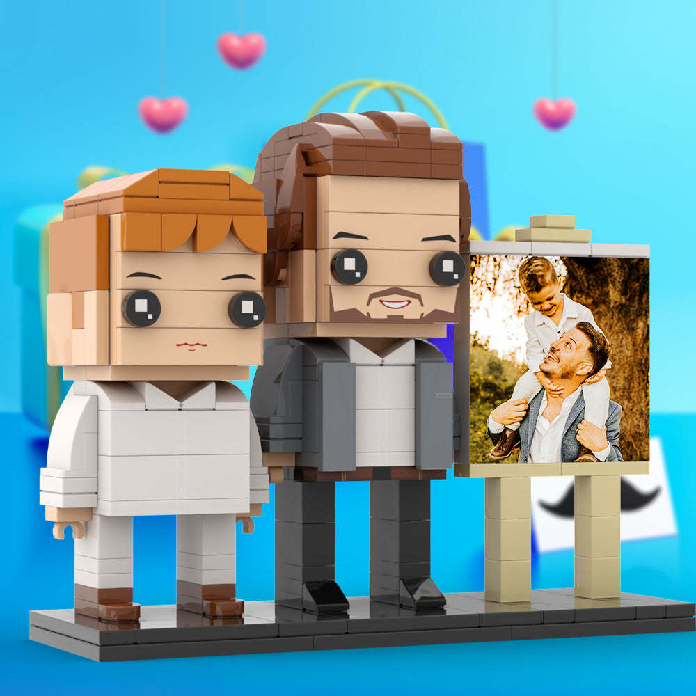 Full Body Customizable 2 People Little Son Sit On Daddy's Shoulder Photo Frame Personalized Custom Brick Figures Small Particle Block Toy Personalized For Father's Day - minebrickuk