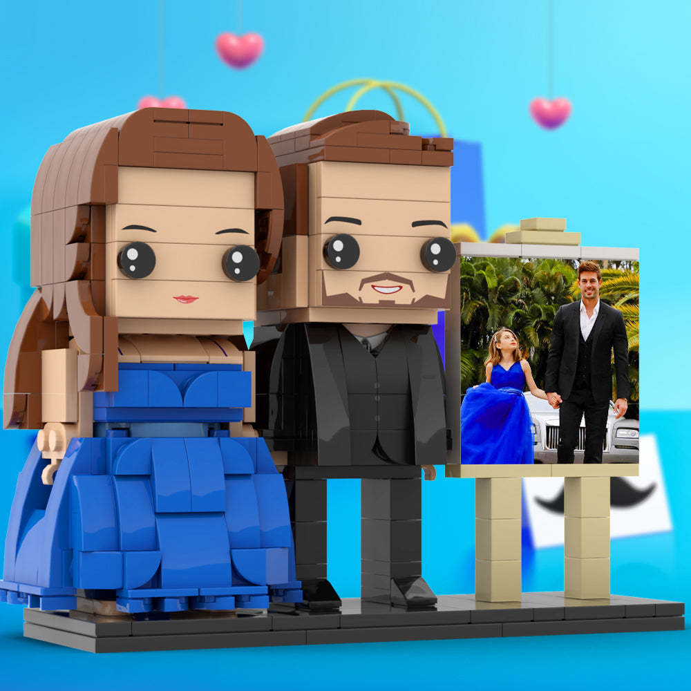 Full Body Customizable 2 People Dad And His Daughter In Perfect Blue Dress Photo Frame Personalized Custom Brick Figures Small Particle Block Toy Personalized For Father's Day - minebrickuk