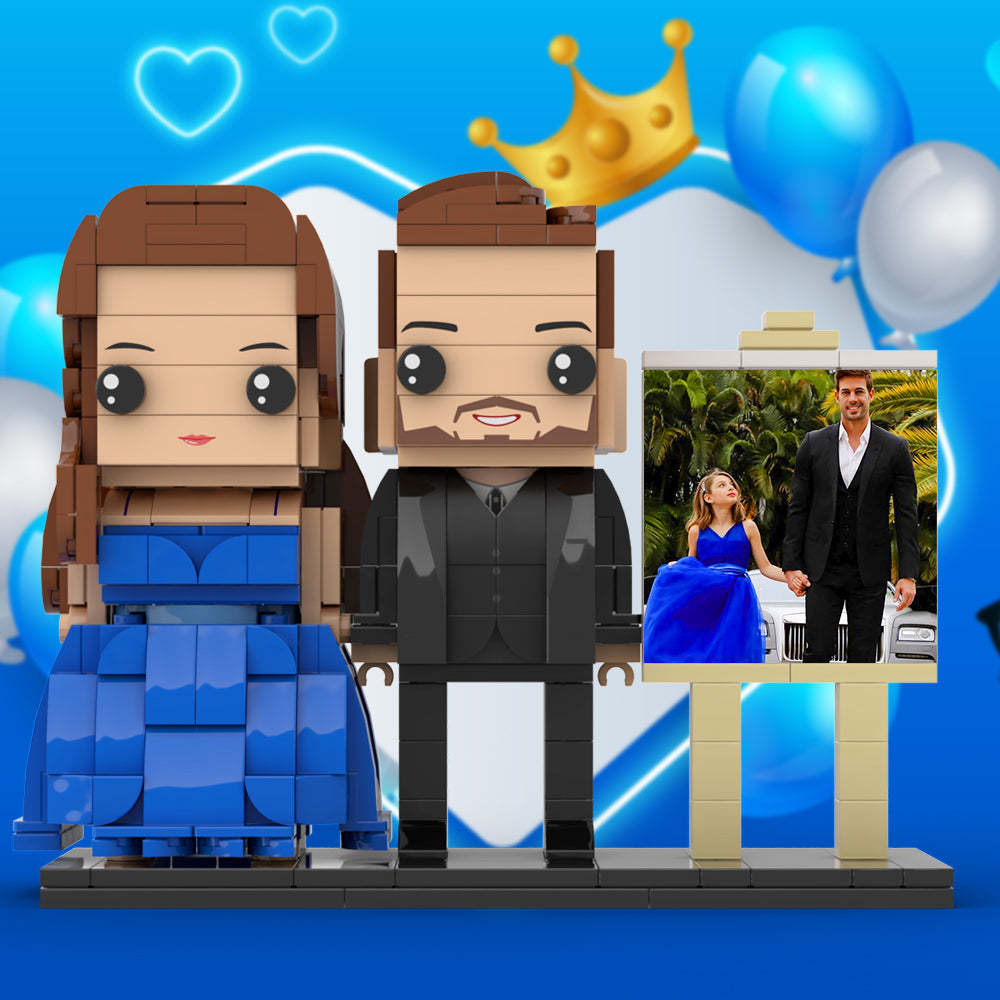 Full Body Customizable 2 People Dad And His Daughter In Perfect Blue Dress Photo Frame Personalized Custom Brick Figures Small Particle Block Toy Personalized For Father's Day - minebrickuk