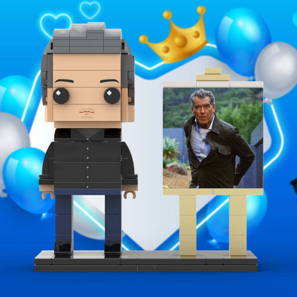 Full Body Customizable 1 Person Cool Daddy In Black Suit Custom Brick with Frame Figures Small Particle Block Toy Brick Me Figures For Father's Day - minebrickuk