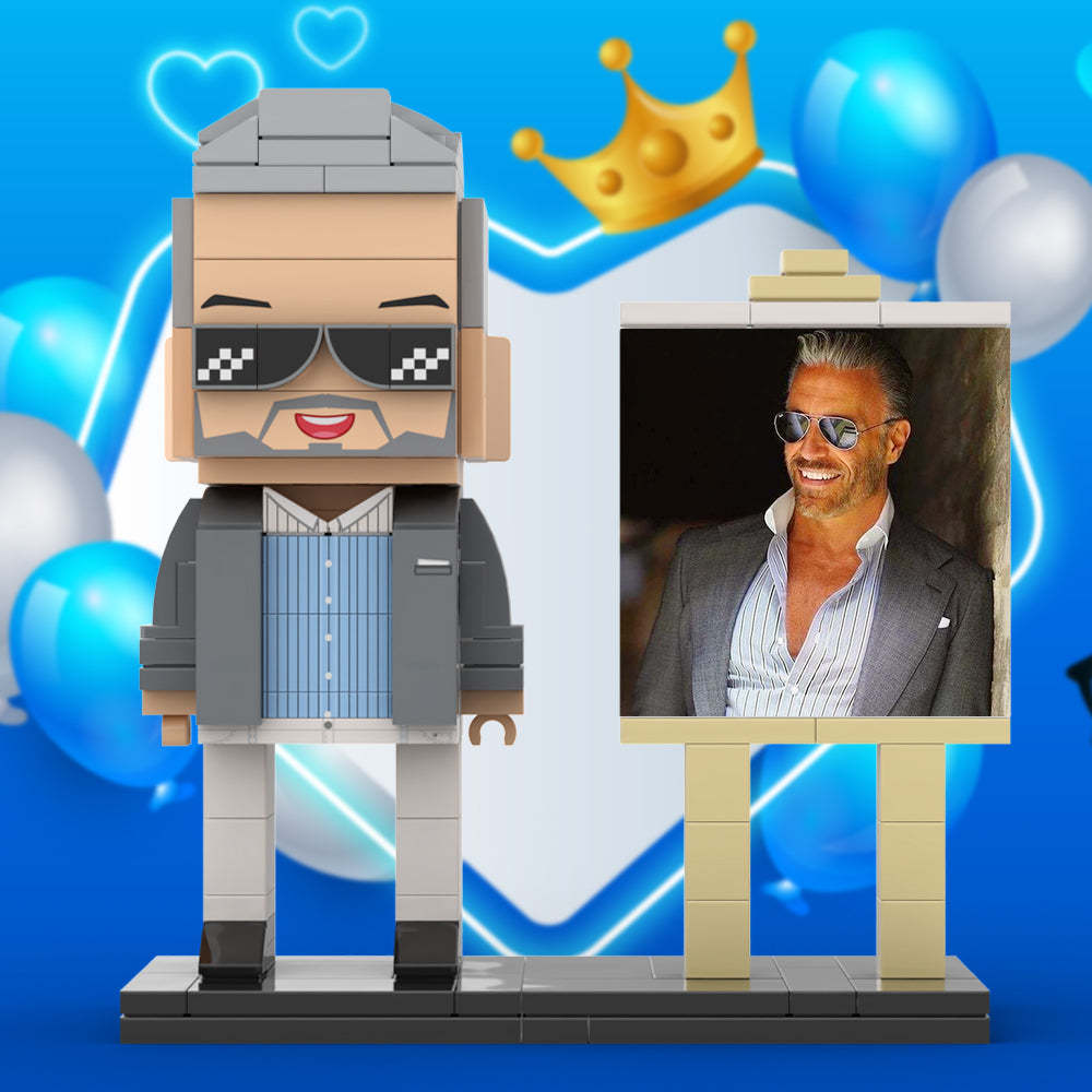 Full Body Customizable 1 Person Cool Daddy In Grey Suit With Sunglasses Custom Brick with Frame Figures Small Particle Block Toy Brick Me Figures For Father's Day - minebrickuk