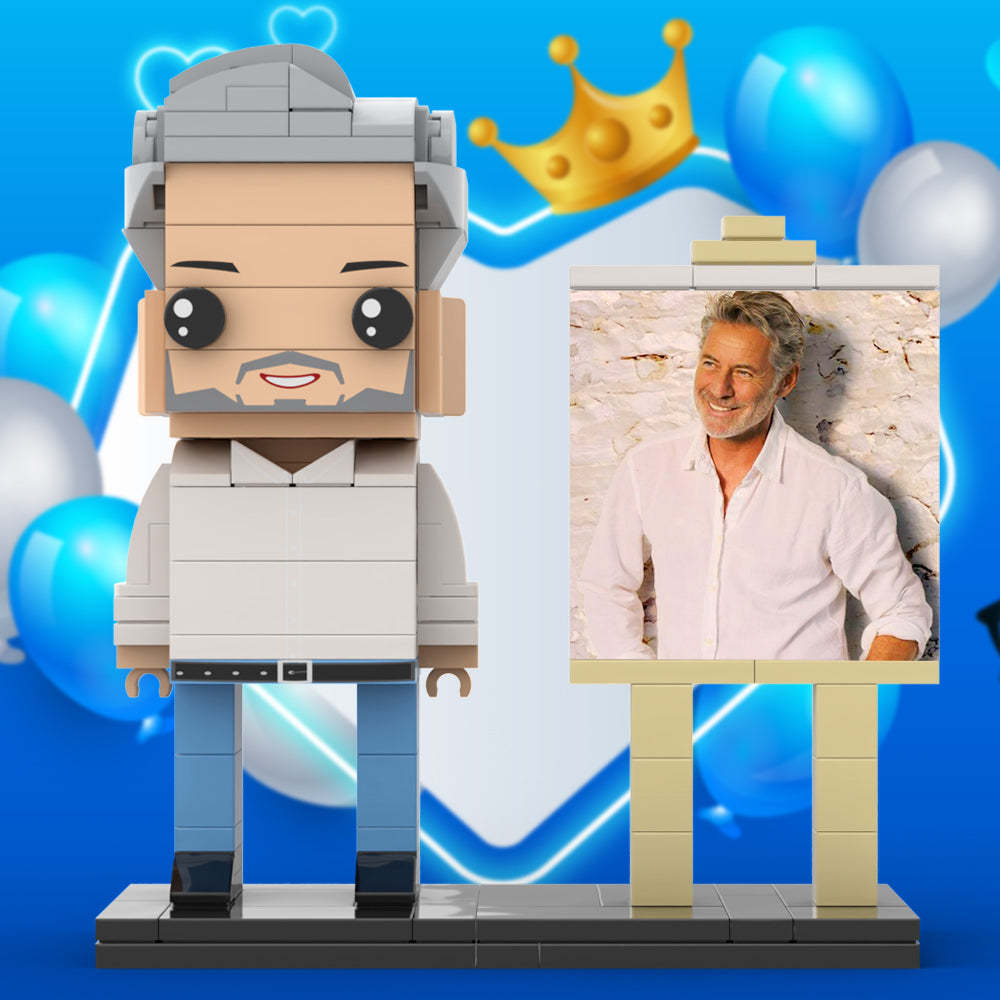 Full Body Customizable 1 Person Daddy With Classic White Shirt And Jeans Custom Brick with Frame Figures Small Particle Block Toy Brick Me Figures For Father's Day - minebrickuk