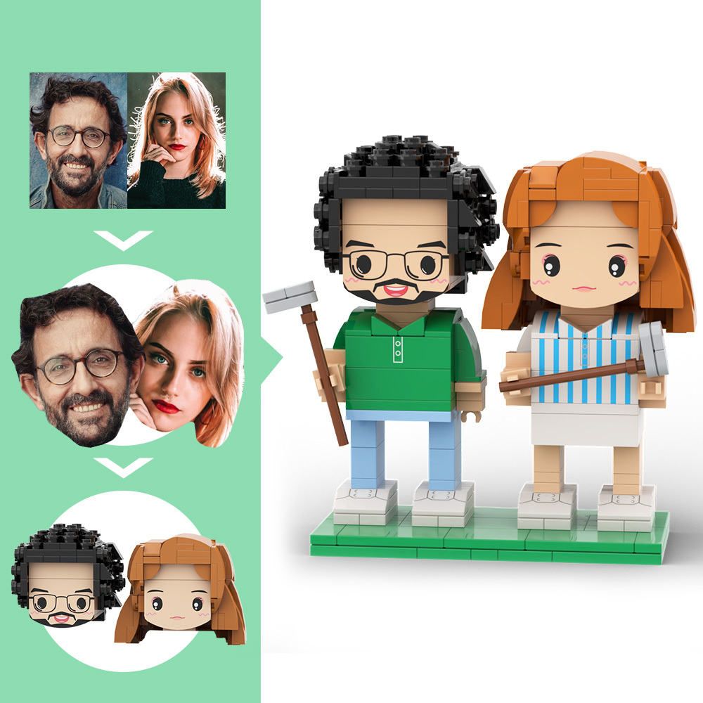 Customized Head Couple Playing Golf Brick Figure with Engraved Text Occupational Gift - 