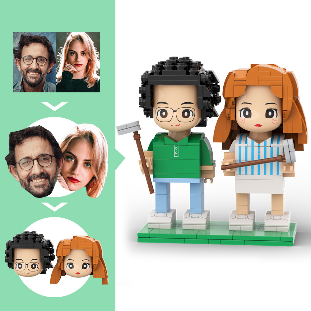 Customized Head Couple Playing Golf Brick Figure with Engraved Text Occupational Gift - 