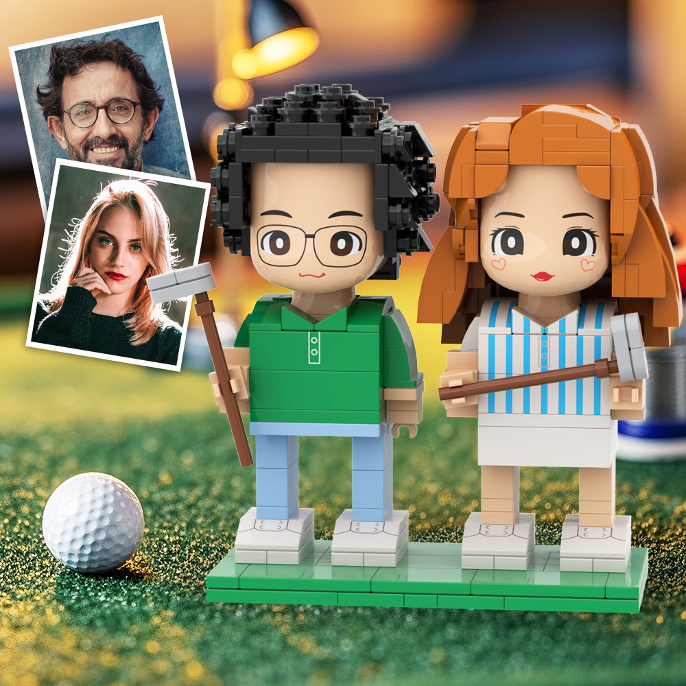 Customized Head Couple Playing Golf Brick Figure with Engraved Text Occupational Gift - 