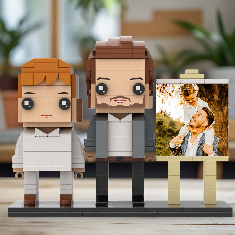 Full Body Customizable 2 People Little Son Sit On Daddy's Shoulder Photo Frame Personalized Custom Brick Figures Small Particle Block Toy Personalized For Father's Day - minebrickuk