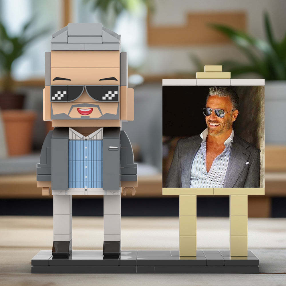 Full Body Customizable 1 Person Cool Daddy In Grey Suit With Sunglasses Custom Brick with Frame Figures Small Particle Block Toy Brick Me Figures For Father's Day - minebrickuk