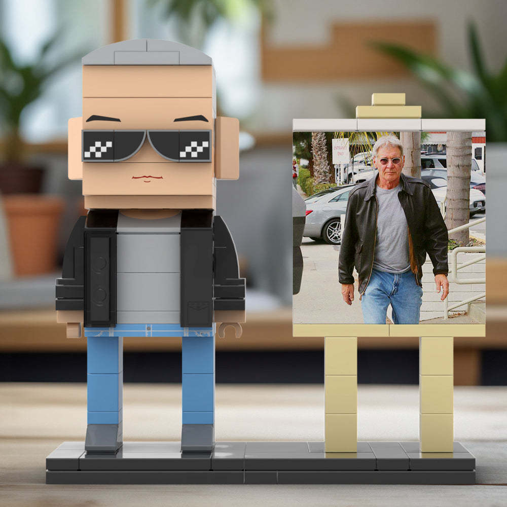 Full Body Customizable 1 Person Cool Grey Hair Daddy Street Photo With Classic Outfit Custom Brick with Frame Figures Small Particle Block Toy Brick Me Figures For Father's Day - minebrickuk