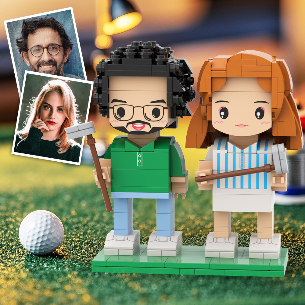Customized Head Couple Playing Golf Brick Figure with Engraved Text Occupational Gift - 