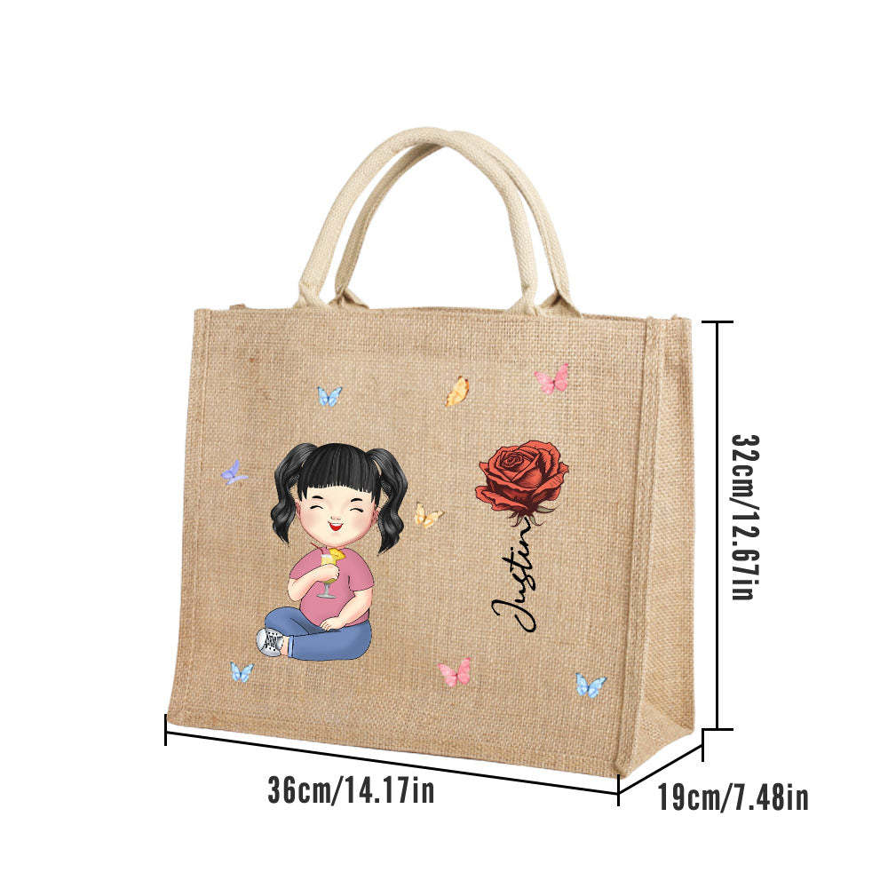 Personalized Cartoon Women Girl Birth Flower Jute Tote Bag with Name Wedding Birthday Gift for Her - mysiliconefoodbag