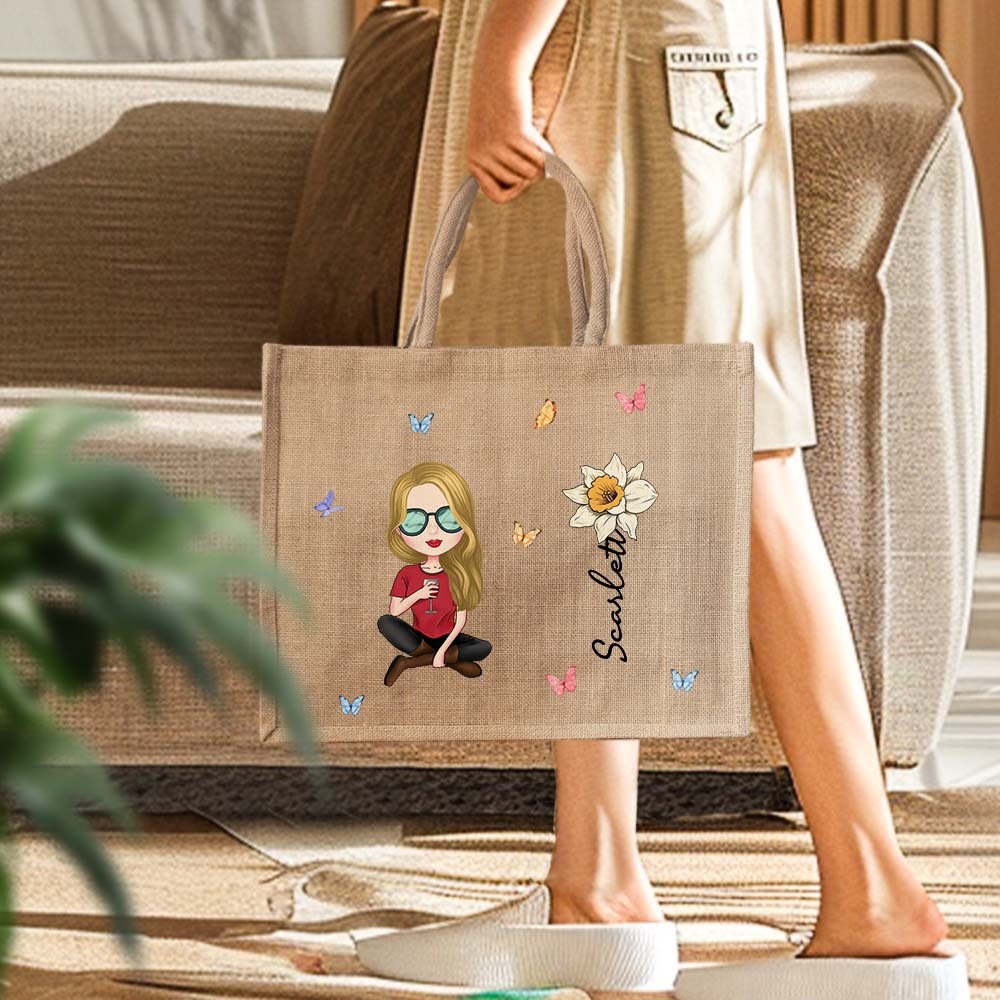 Personalized Cartoon Women Girl Birth Flower Jute Tote Bag with Name Wedding Birthday Gift for Her - mysiliconefoodbag