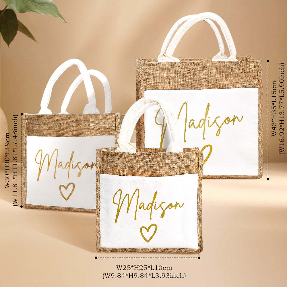 Personalized Jute Tote Bag with Pocket Reusable Beach Travel Accessory Bridal Party Wedding Gift for Her - mysiliconefoodbag