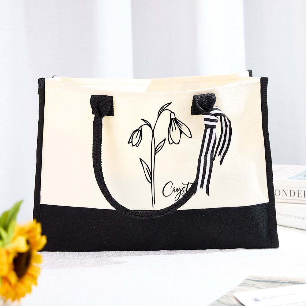 Personalized Birth Flower Canvas Tote Bag Large Capacity Beach Tote Bag Bridal Party Gift for Girls - mysiliconefoodbag