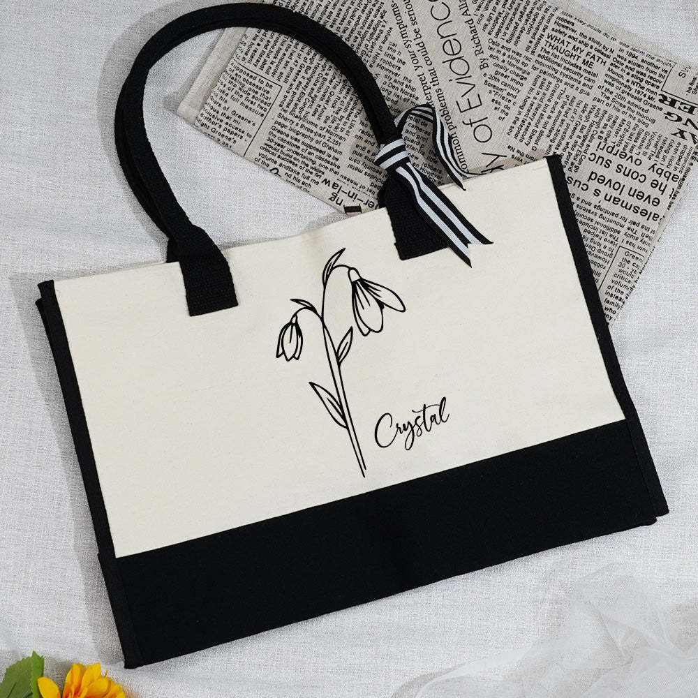 Personalized Birth Flower Canvas Tote Bag Large Capacity Beach Tote Bag Bridal Party Gift for Girls - mysiliconefoodbag