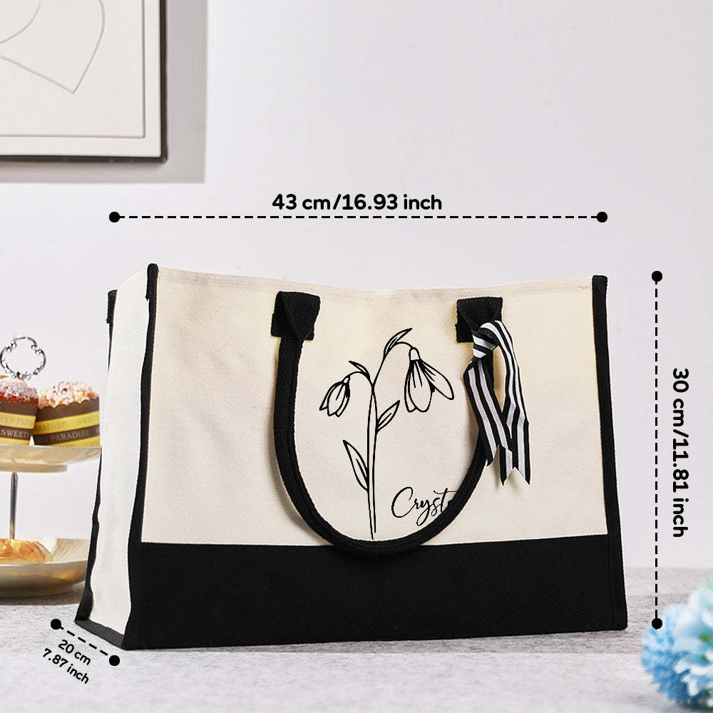 Personalized Birth Flower Canvas Tote Bag Large Capacity Beach Tote Bag Bridal Party Gift for Girls - mysiliconefoodbag