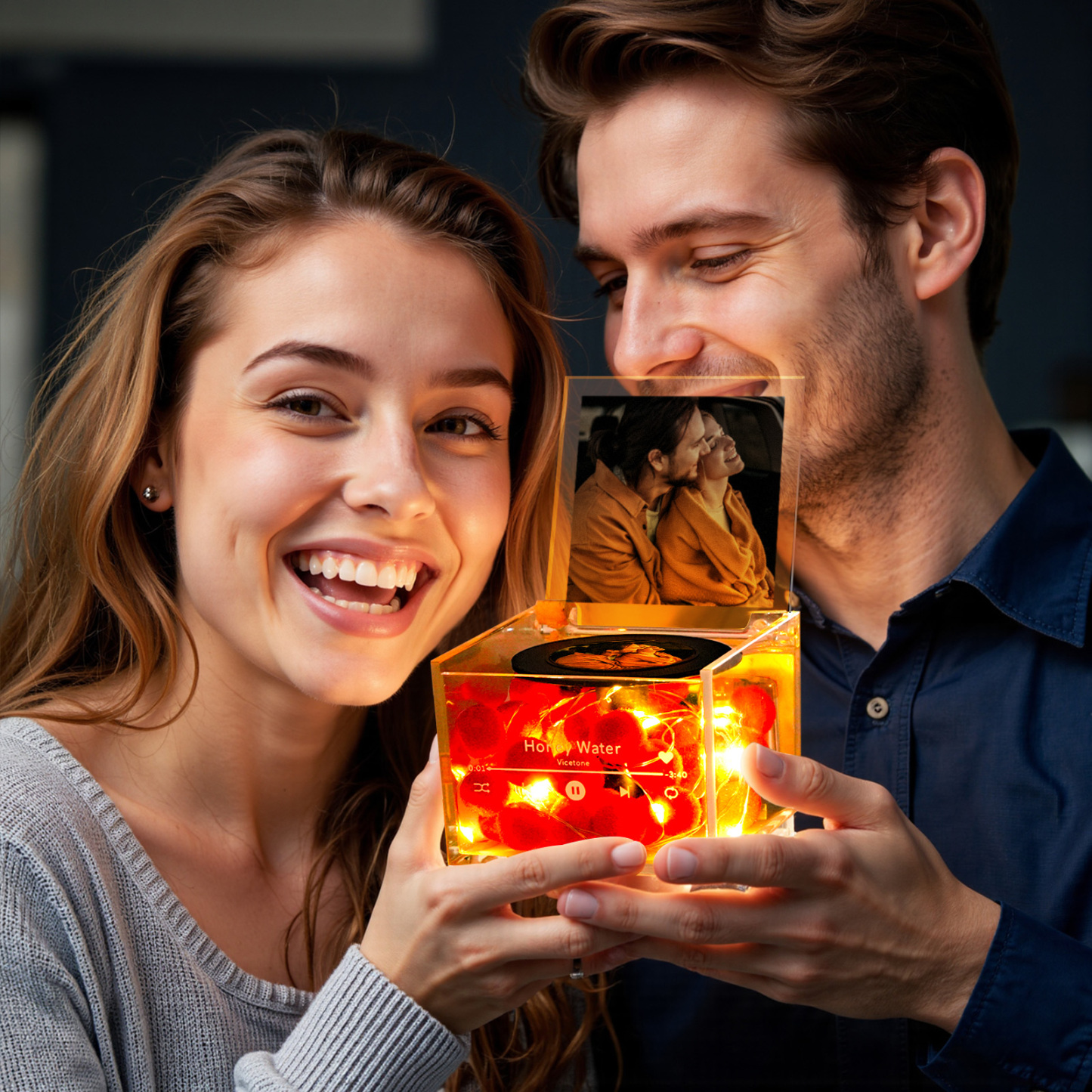 Custom Mini Vinyl Record Player with Auto-Play USB Charging Feature Photo and Romantic Warm Light -