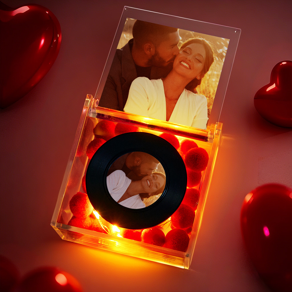 Personalized Mini Vinyl Record Player for Him with Auto-Play Music USB Charging Photo and Warm Light - 