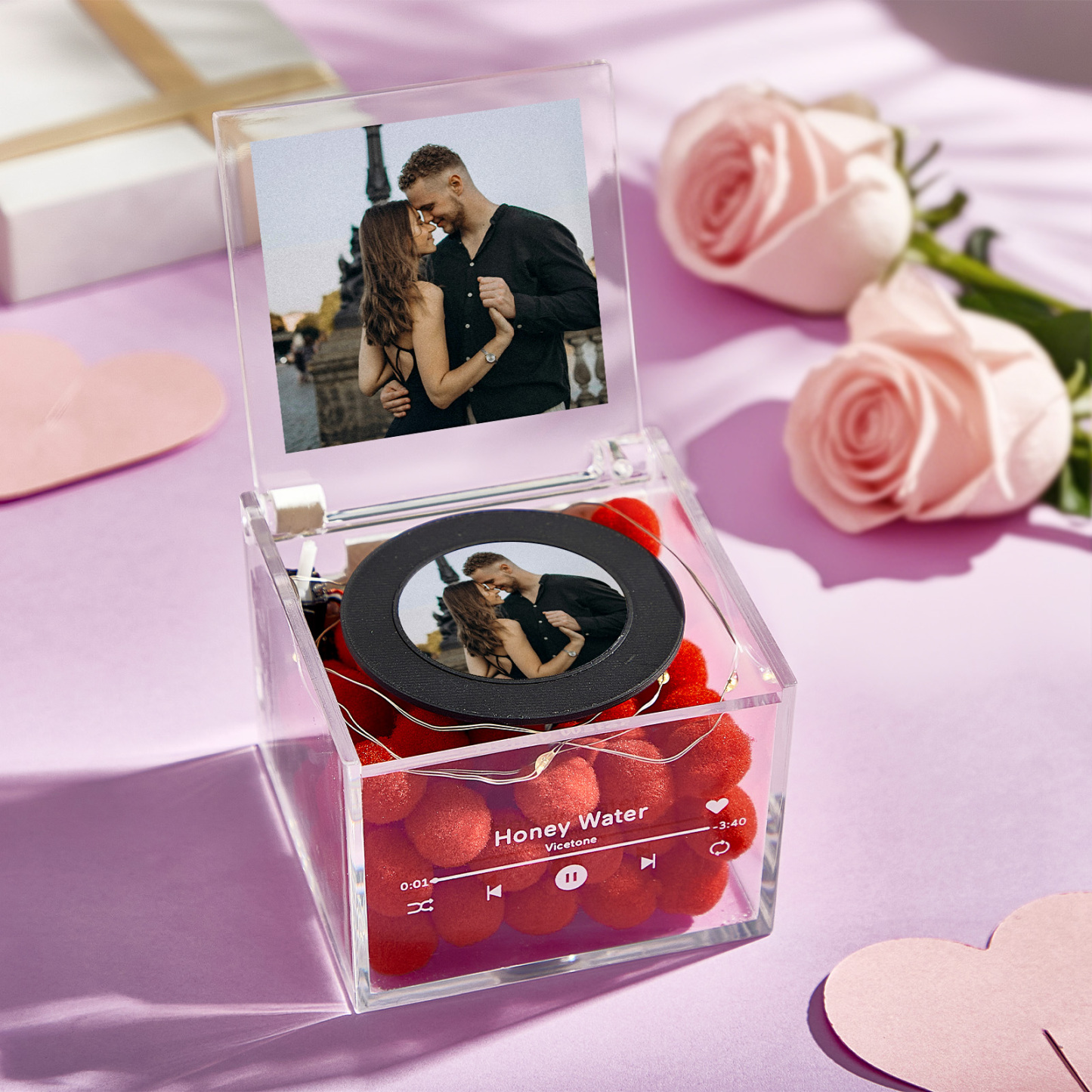 Personalized Mini Vinyl Record Player for Him with Auto-Play Music USB Charging Photo and Warm Light - 