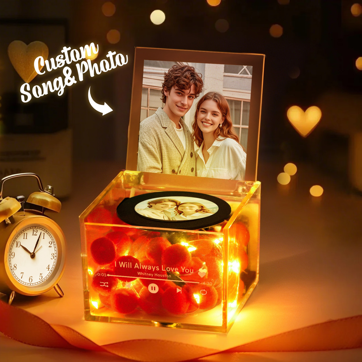 Personalized Mini Vinyl Record Player for Him with Auto-Play Music USB Charging Photo and Warm Light - 