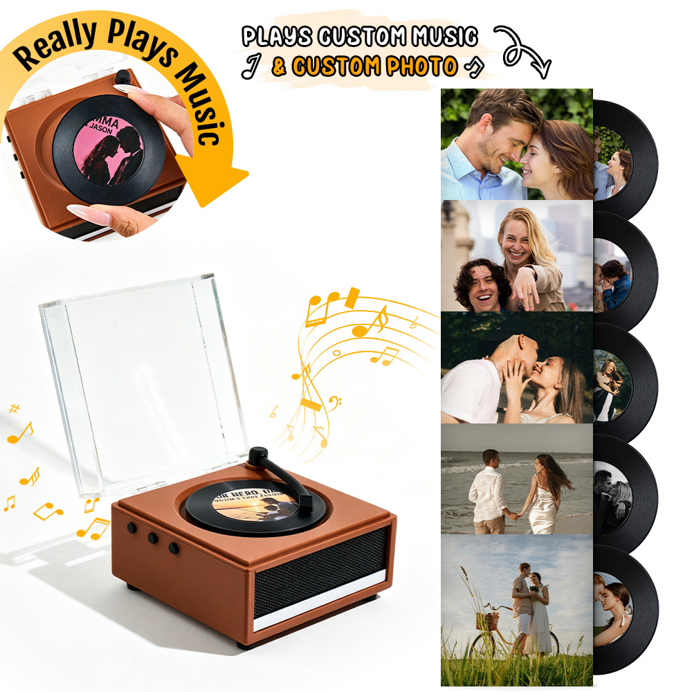 Personalized Mini Vinyl Music Player That Really Plays Music | Each Vinyl Can Play a Different Full Song, Custom Photo Album Cover, Vinyl Color, Anniversary Gift for Couples - 