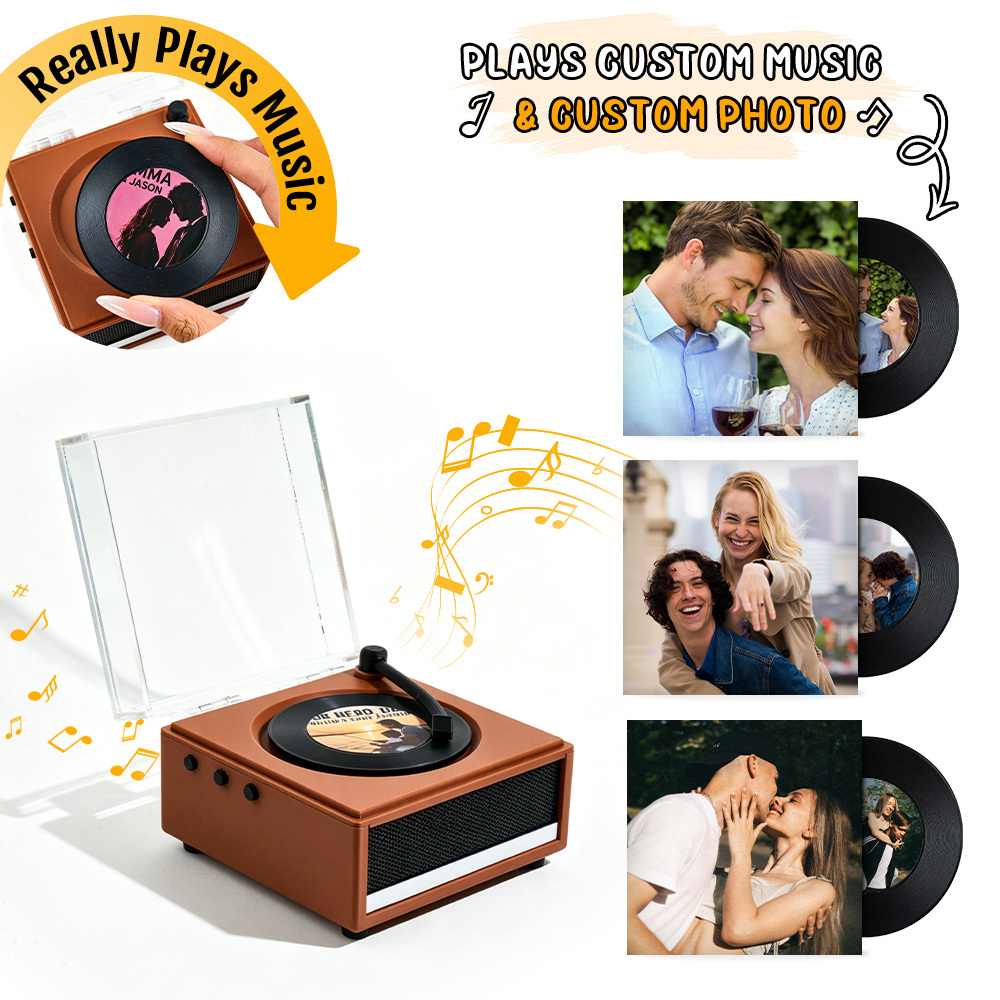 Personalized Mini Vinyl Music Player That Really Plays Music | Each Vinyl Can Play a Different Full Song, Custom Photo Album Cover, Vinyl Color, Anniversary Gift for Couples - 