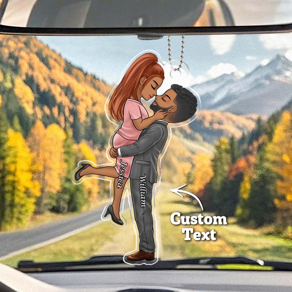 Personalized Acrylic Car Hanger - Cute Couple Kissing Moment - Custom Name Gift for Boyfriend & Girlfriend - 