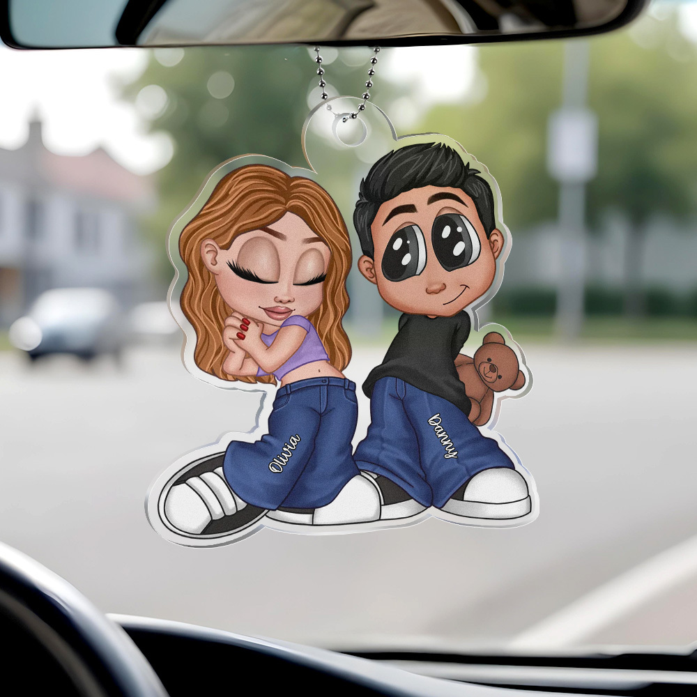 Personalized Acrylic Car Hanger - Cute Couple Kissing Moment - Custom Name Gift for Boyfriend & Girlfriend - 