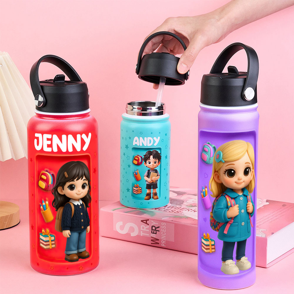 Custom Photo 3D Inflated Effect Printed Kids Water Bottle - Personalized Back To School Gifts For Kids - 