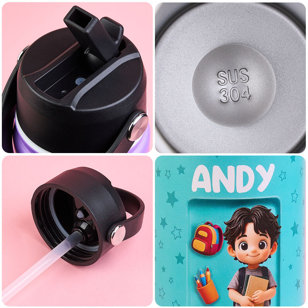 Custom Photo 3D Inflated Effect Printed Kids Water Bottle - Personalized Back To School Gifts For Kids - 