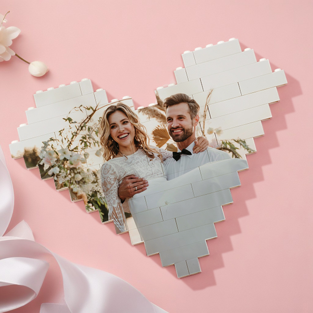 Wedding Anniversary Gifts Custom Building Brick Personalised Photo Block Heart Shaped - 