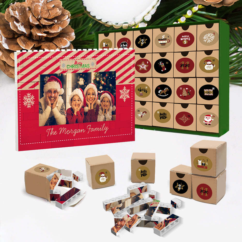 Christmas Gifts Countdown Blind Box Custom Building Block Puzzle Christmas Advent Calendar Personalized Horizontal Trio Photo Brick Merry Christmas - minebrickuk