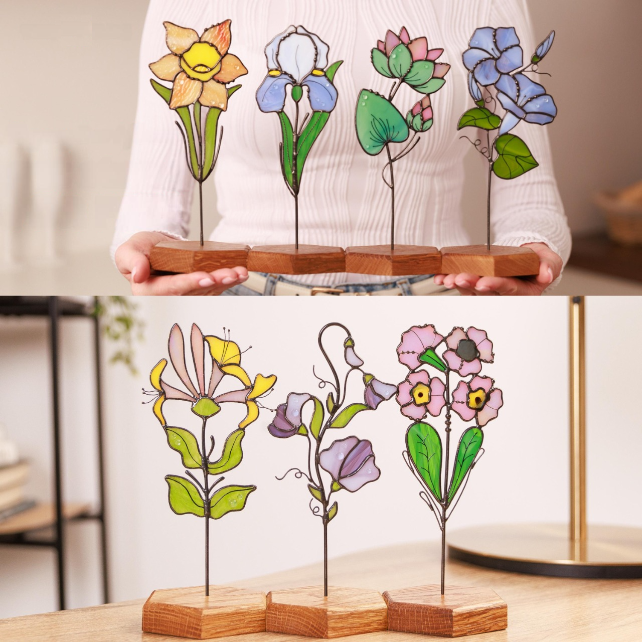 Stained Glass Flower, Personalized Mother Day Gift, Birth Flower Gift Set for Mother in Law, Floral Garden Decor, Birth Flower Plant Stake