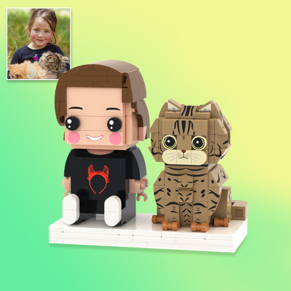 Personalized Full Body 2 People with Dog Brick Figures Custom Sitting Brick Figures - 