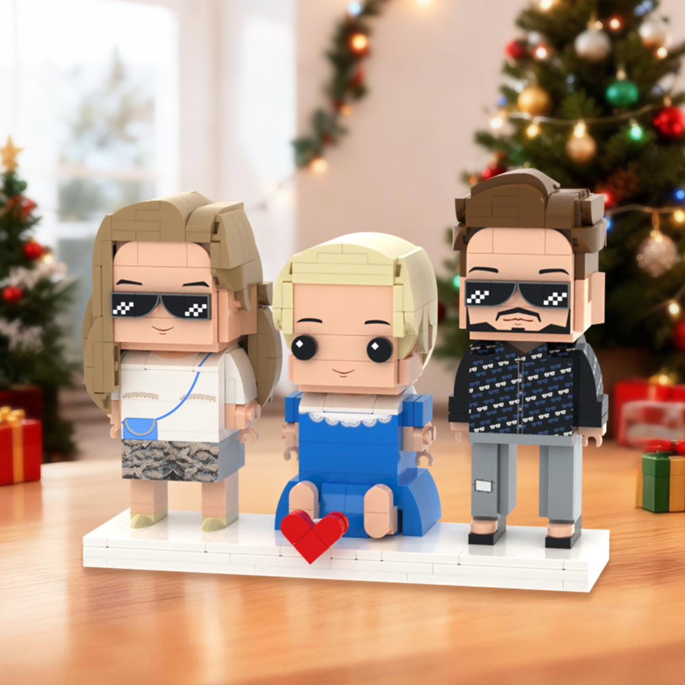 Personalized Full Body 2 People with Dog Brick Figures Custom Sitting Brick Figures - 