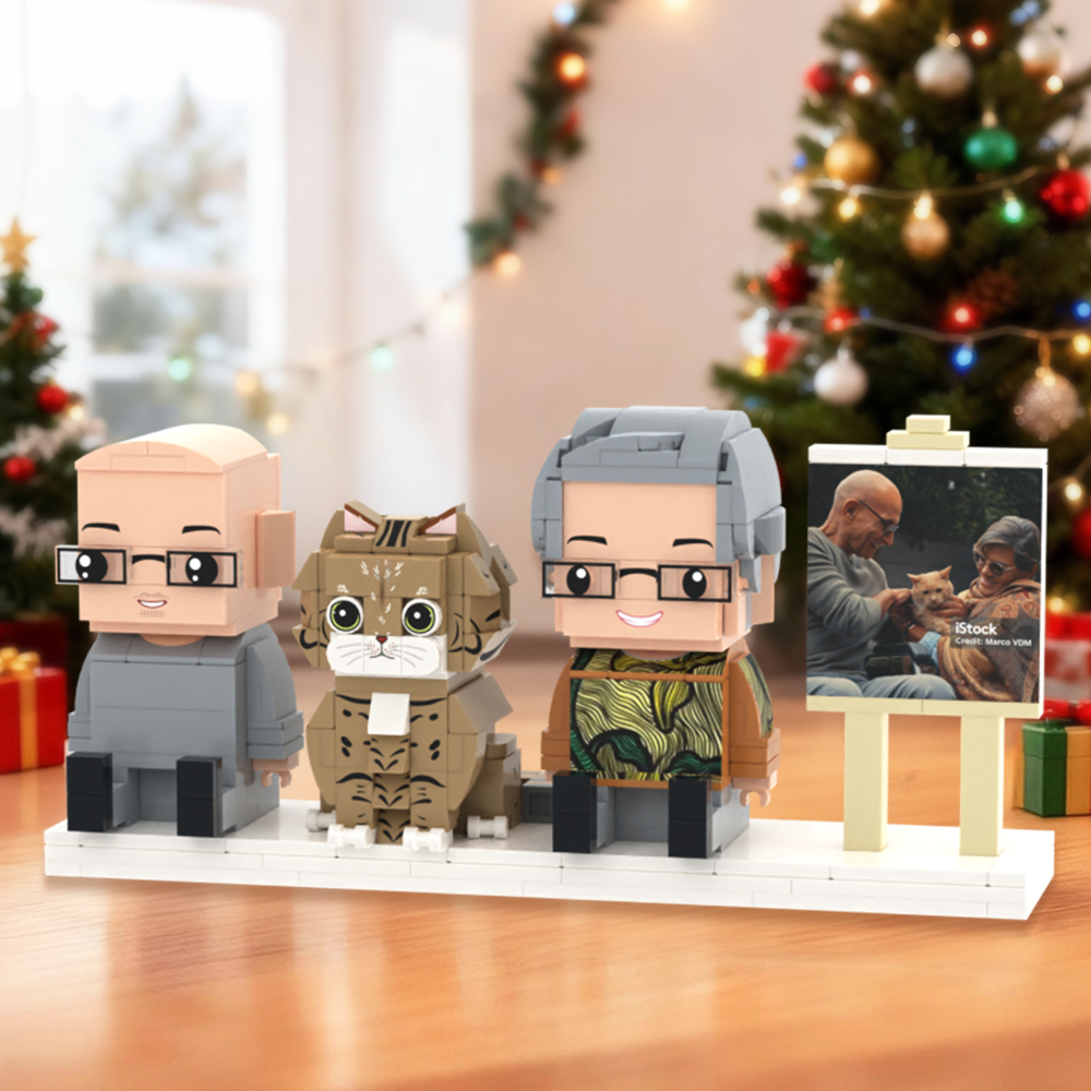 Personalized Full Body 2 People with Dog Brick Figures Custom Sitting Brick Figures - 