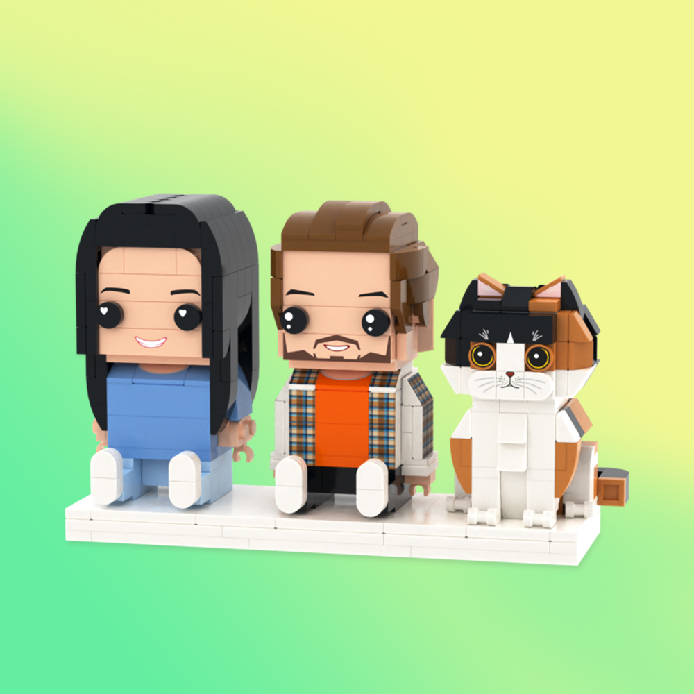 Personalized Full Body 2 People with Dog Brick Figures Custom Sitting Brick Figures - 