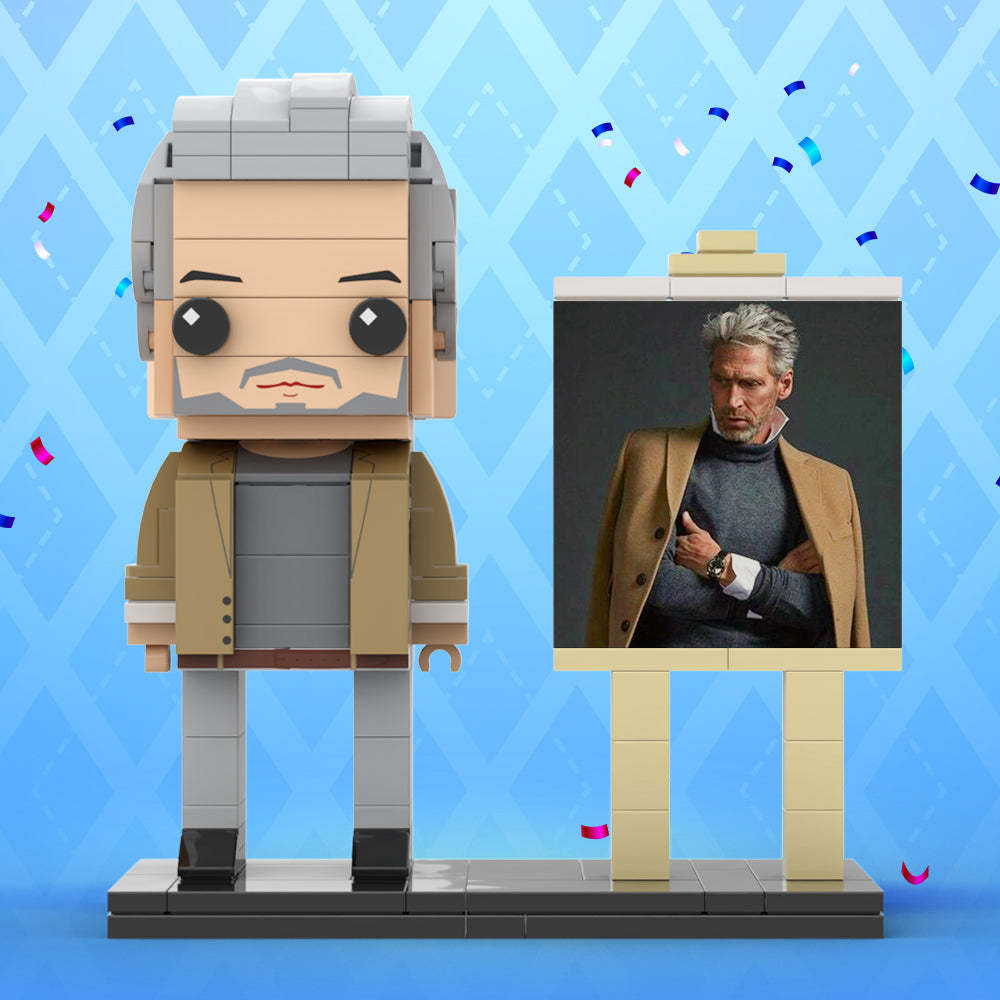 Full Body Customizable 1 Person Cool Grey Hair Daddy In Brown Jacket Custom Brick with Frame Figures Small Particle Block Toy Brick Me Figures For Father's Day - minebrickuk
