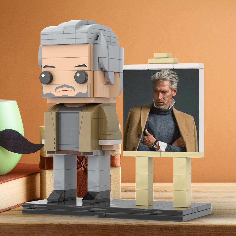 Full Body Customizable 1 Person Cool Grey Hair Daddy In Brown Jacket Custom Brick with Frame Figures Small Particle Block Toy Brick Me Figures For Father's Day - minebrickuk