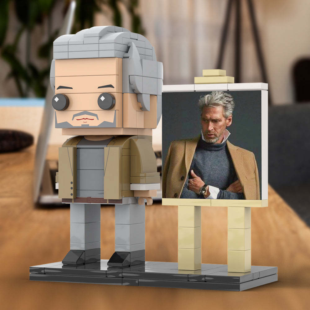 Full Body Customizable 1 Person Cool Grey Hair Daddy In Brown Jacket Custom Brick with Frame Figures Small Particle Block Toy Brick Me Figures For Father's Day - minebrickuk