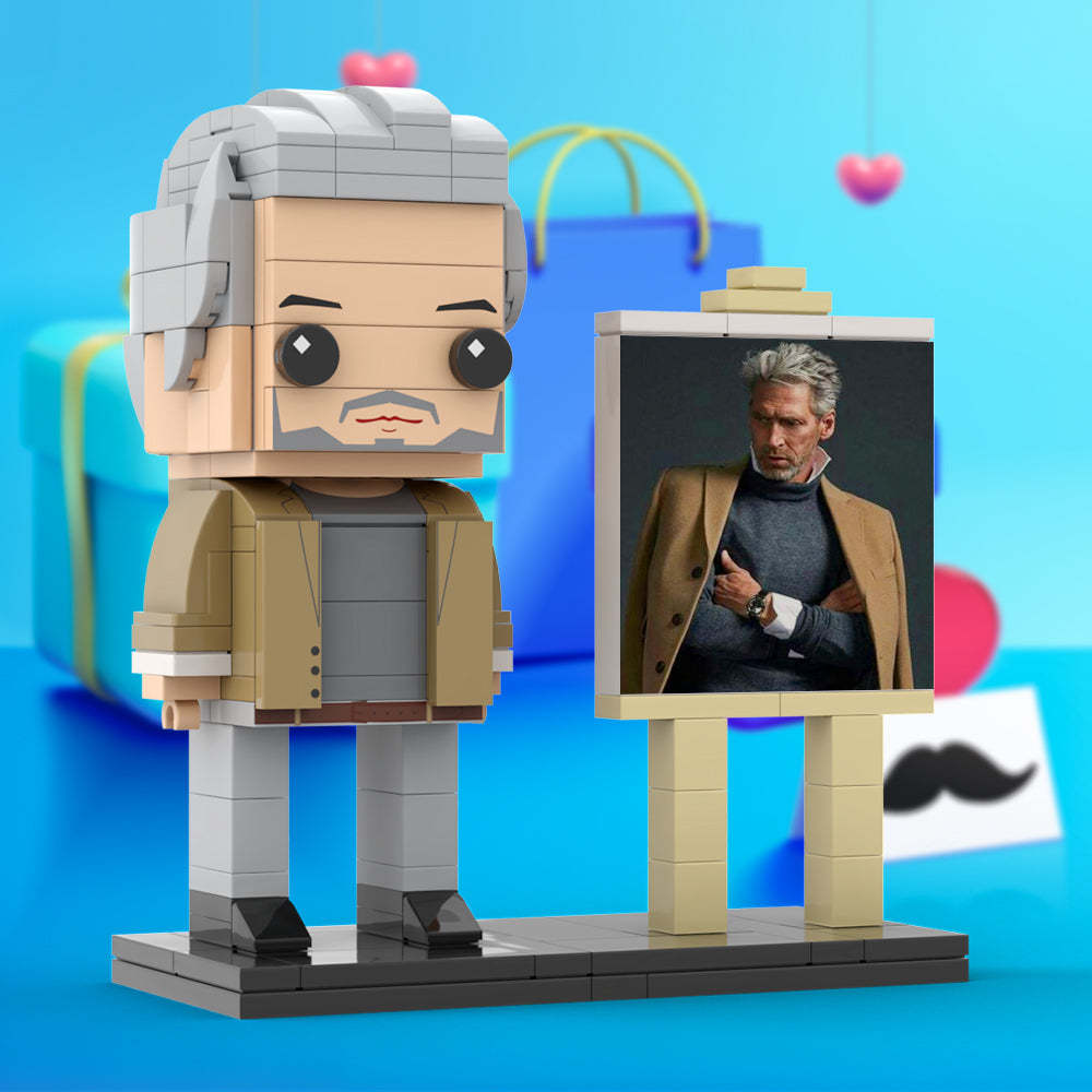 Full Body Customizable 1 Person Cool Grey Hair Daddy In Brown Jacket Custom Brick with Frame Figures Small Particle Block Toy Brick Me Figures For Father's Day - minebrickuk