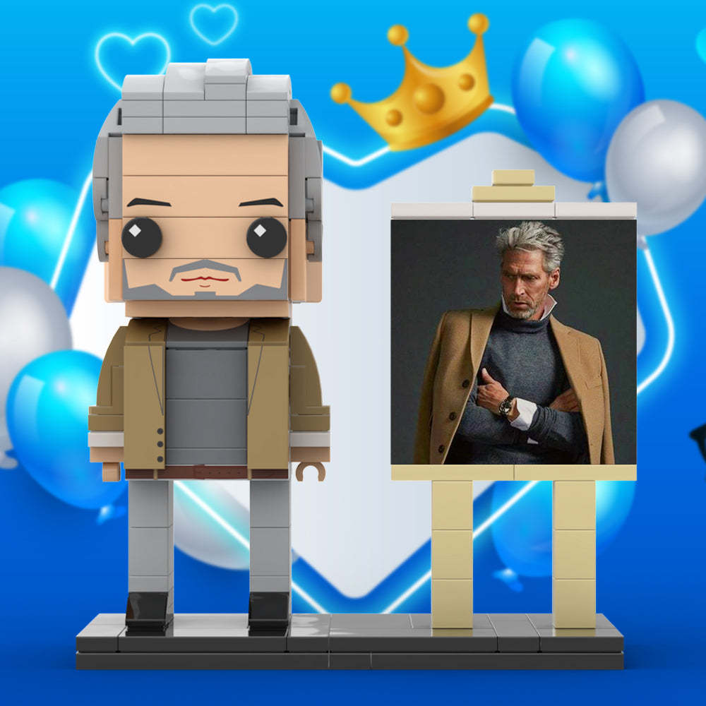 Full Body Customizable 1 Person Cool Grey Hair Daddy In Brown Jacket Custom Brick with Frame Figures Small Particle Block Toy Brick Me Figures For Father's Day - minebrickuk